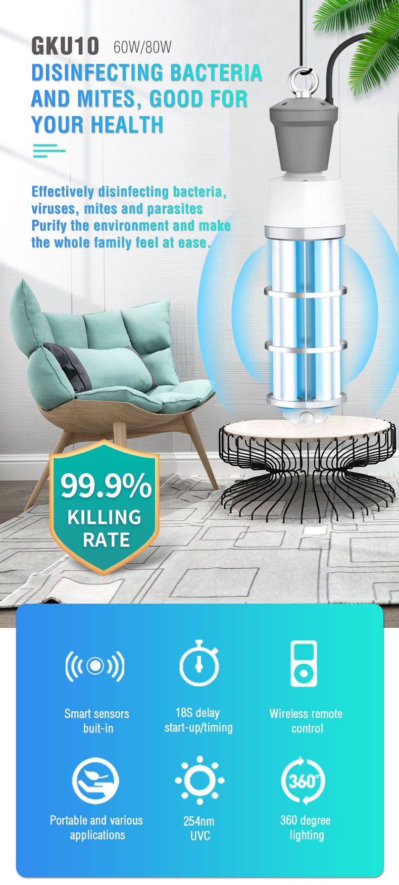 80W UVC Portable Light for Air and Surface Disinfection