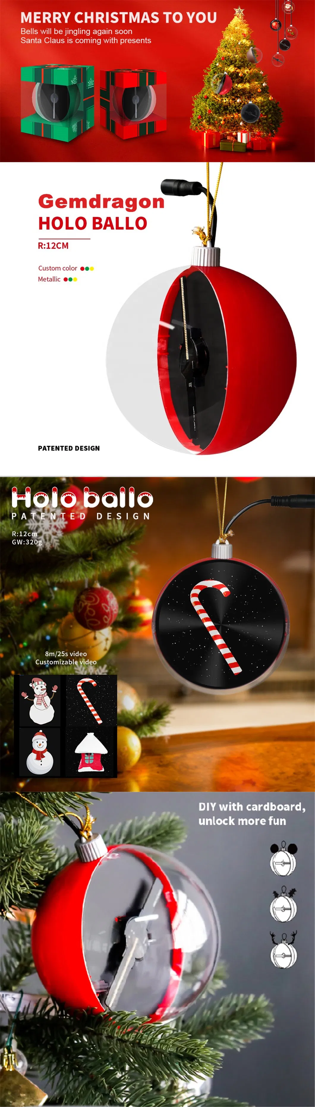 Holoballo 3D Holographic Advertising Projection Christmas Ball 12cm Diameter Hologram Display with Fixed Content LED Ball for Indoor and Outdoor