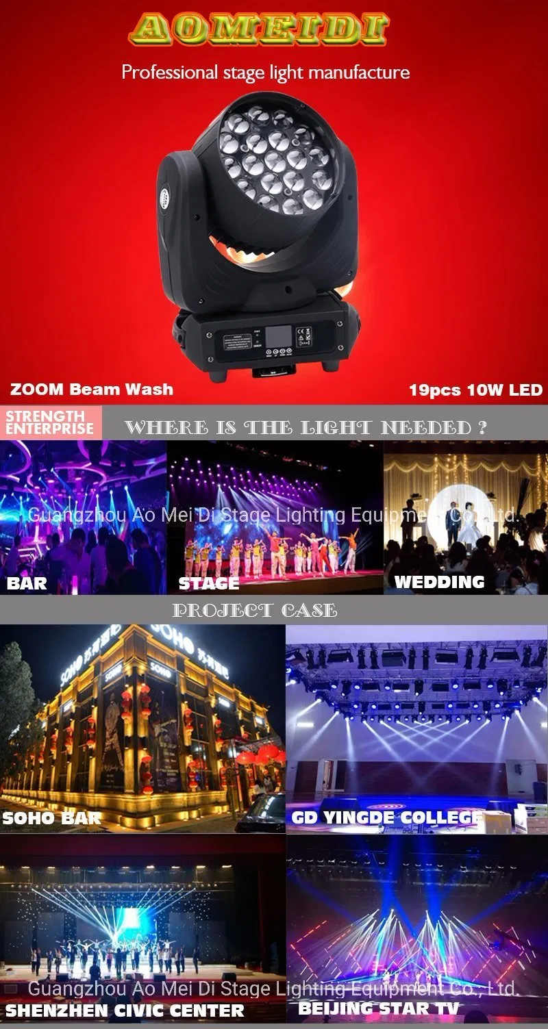 LED Beam Dye Zoom Moving Head Stage Lights 19X10W 4in1