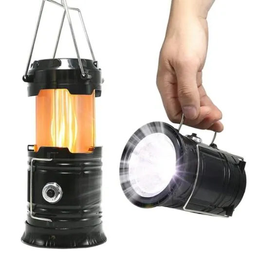 Portable and Foldable Multifunction 3 in 1 Camping Lantern Telescoping Flame Rechargeable LED Light with Hook and Solar Panel on The Top