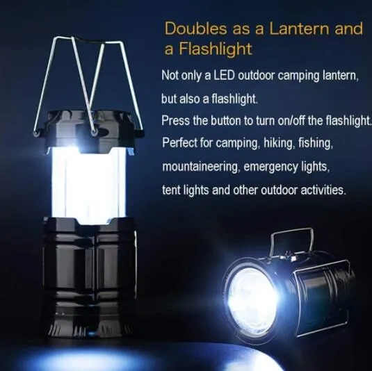 Portable and Foldable Multifunction 3 in 1 Camping Lantern Telescoping Flame Rechargeable LED Light with Hook and Solar Panel on The Top