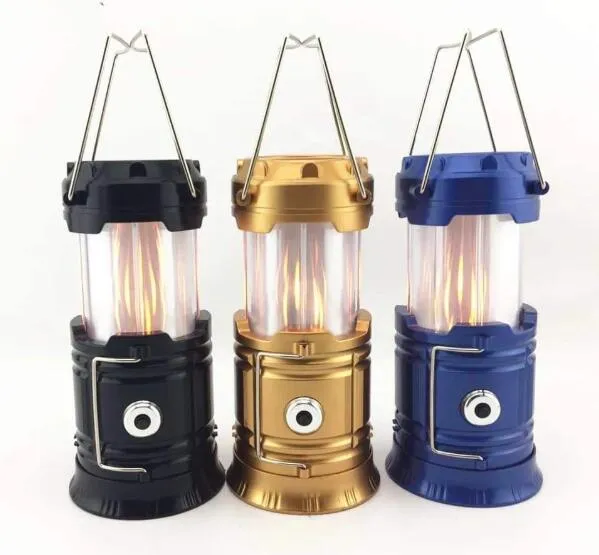 Portable and Foldable Multifunction 3 in 1 Camping Lantern Telescoping Flame Rechargeable LED Light with Hook and Solar Panel on The Top