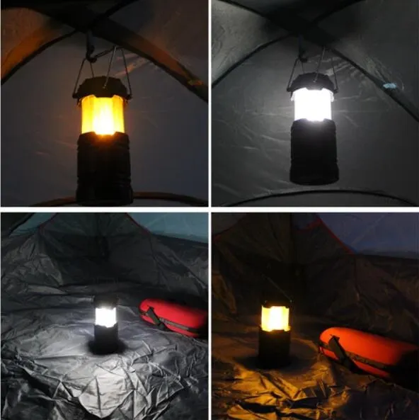 Portable and Foldable Multifunction 3 in 1 Camping Lantern Telescoping Flame Rechargeable LED Light with Hook and Solar Panel on The Top
